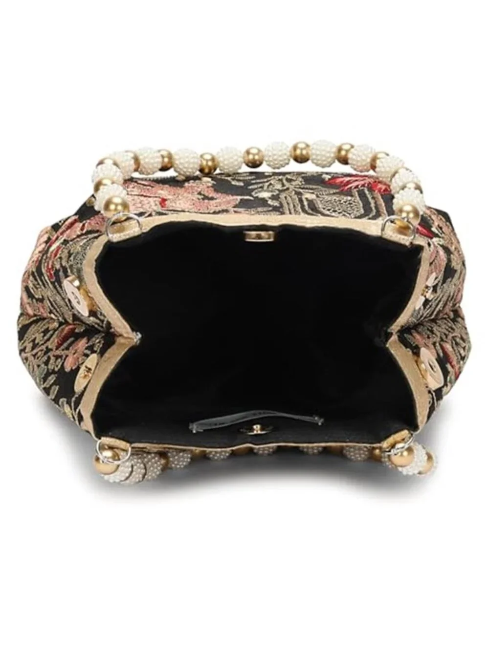 Vintage Peacock Floral Embroidered Potli Bag with Pearl Beaded Handle, Evening